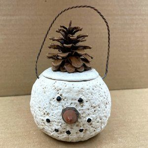 EUC Snowman Votive/Tea Light Holder, Pine Cone Lid, Resin, 4" T x 3 1/4" D